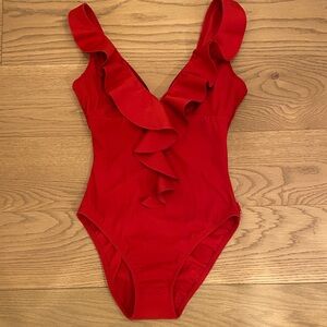 NWT SHAN Vibrant Red Ruffle One Piece Swimsuit, Size 8